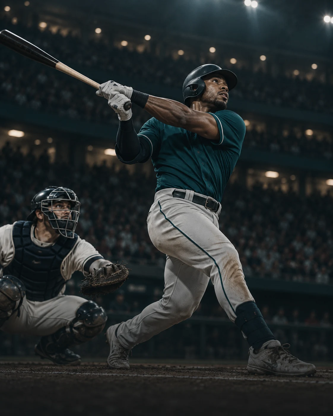 A baseball batter in teal follows through on a swing with a catcher behind home plate.