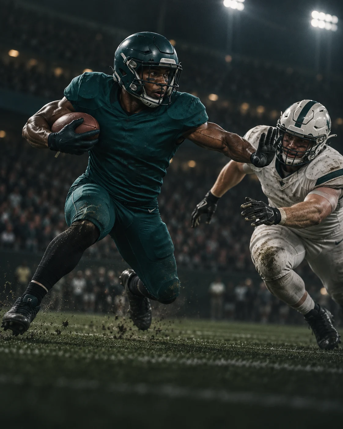 An American football player in teal carries the ball past a defender under stadium lights.