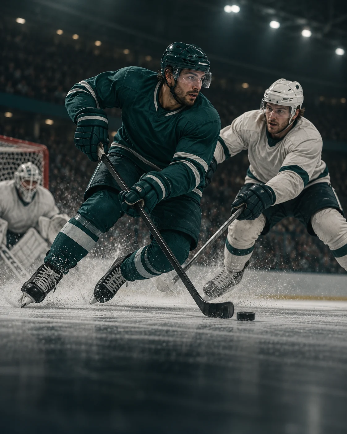 An ice hockey player in teal drives the puck forward as a defender challenges on the ice.