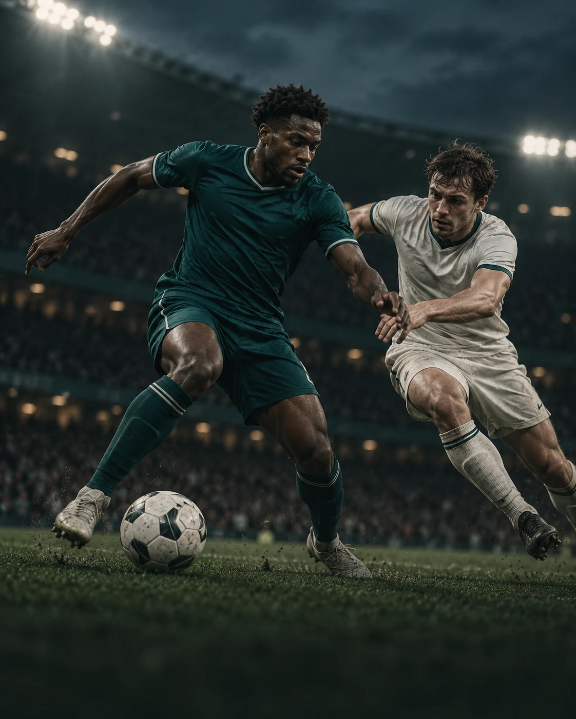 A soccer player in teal controls the ball while a defender challenges on a floodlit pitch.